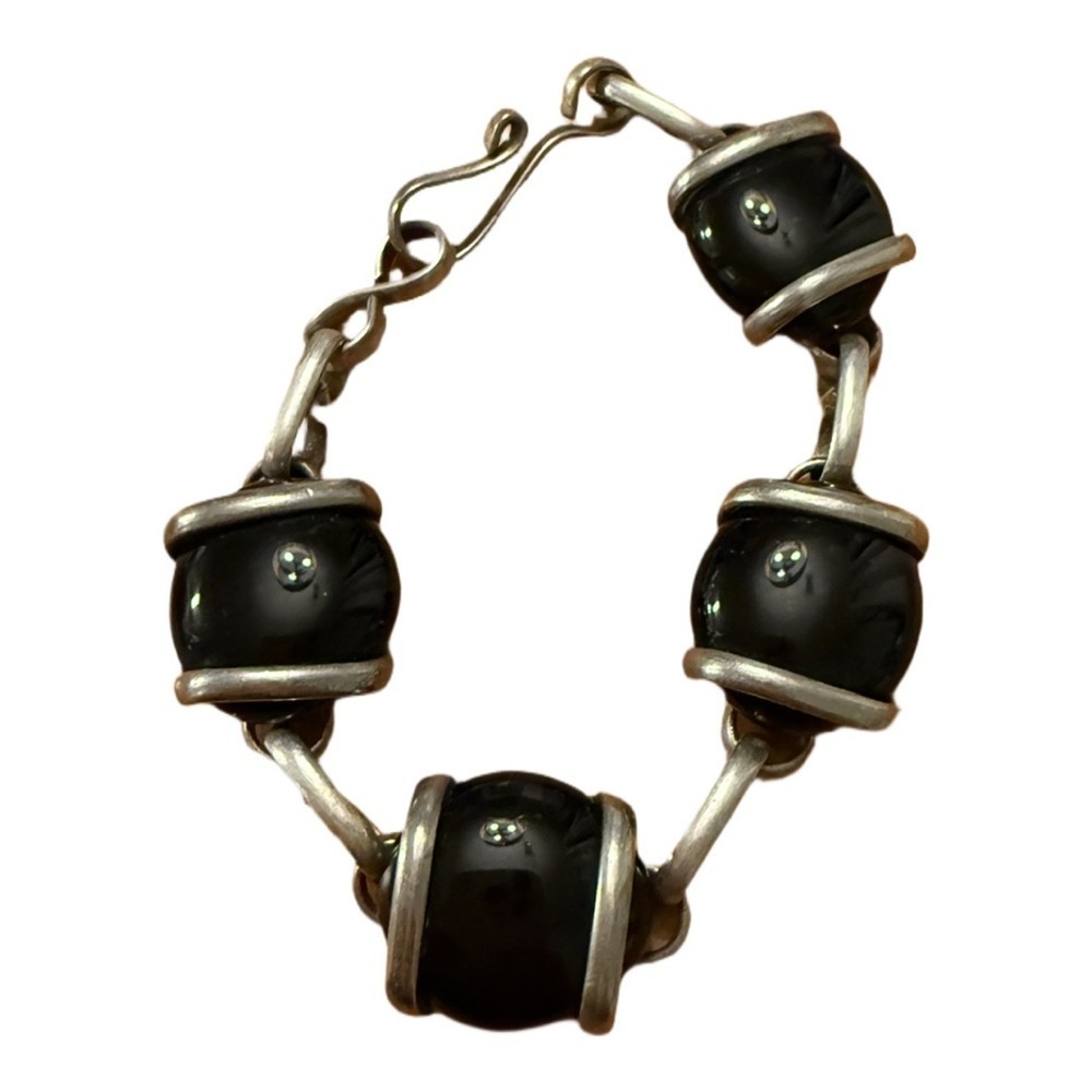 Handcrafted Chunky Black Glass Bead Bracelet With Silvertone Wire Wrap